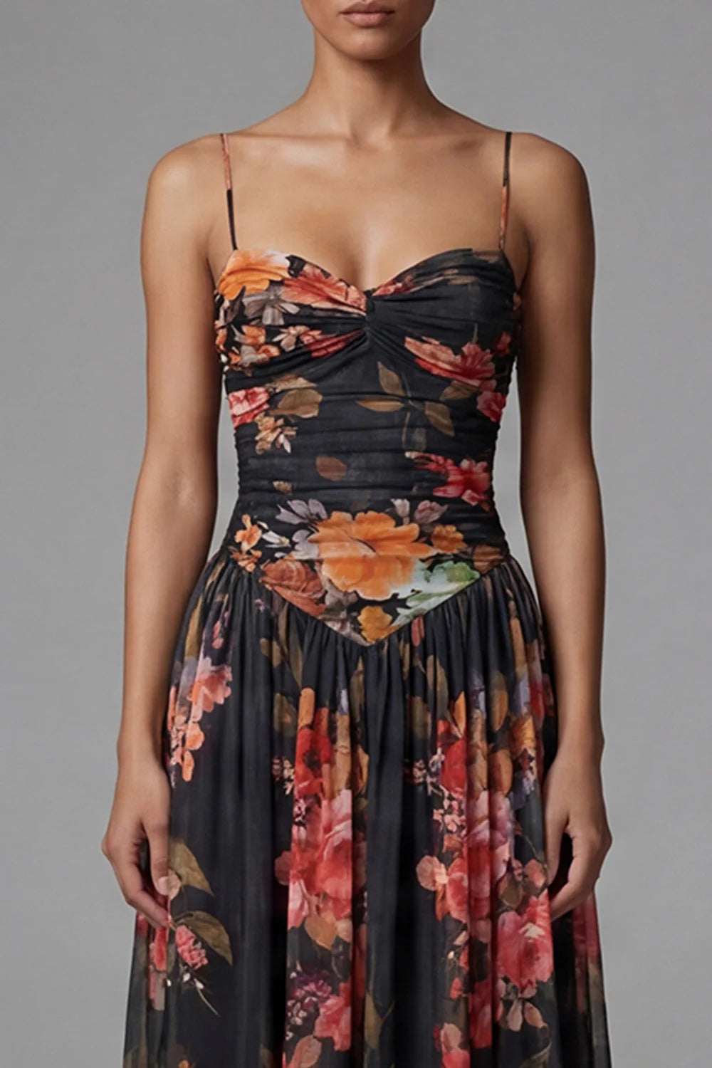 Black A Line Printed Ruched Long Formal Dress