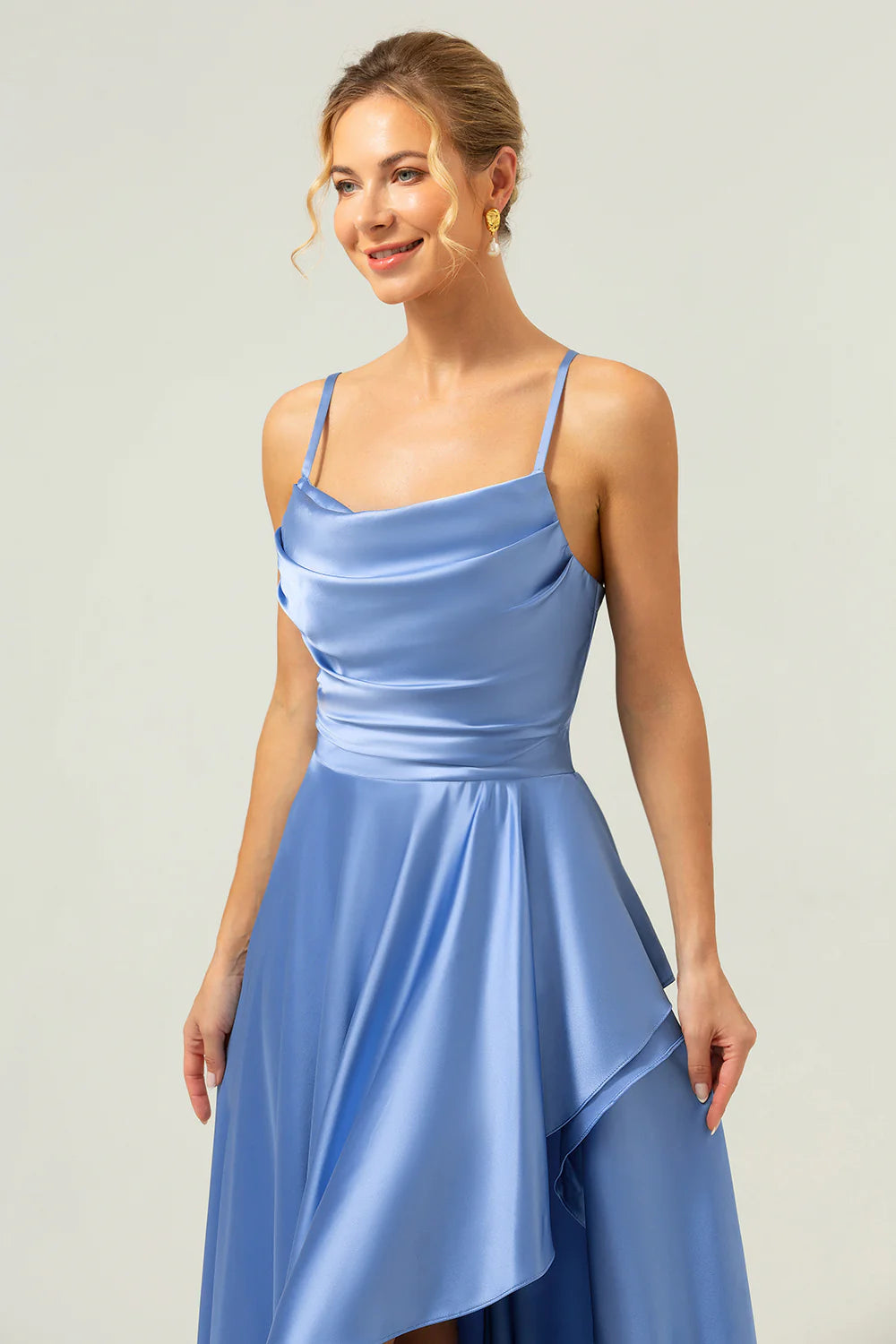 A Line Cowl Neck Satin Asymmetrical Ruffled Blue Bridesmaid Dress