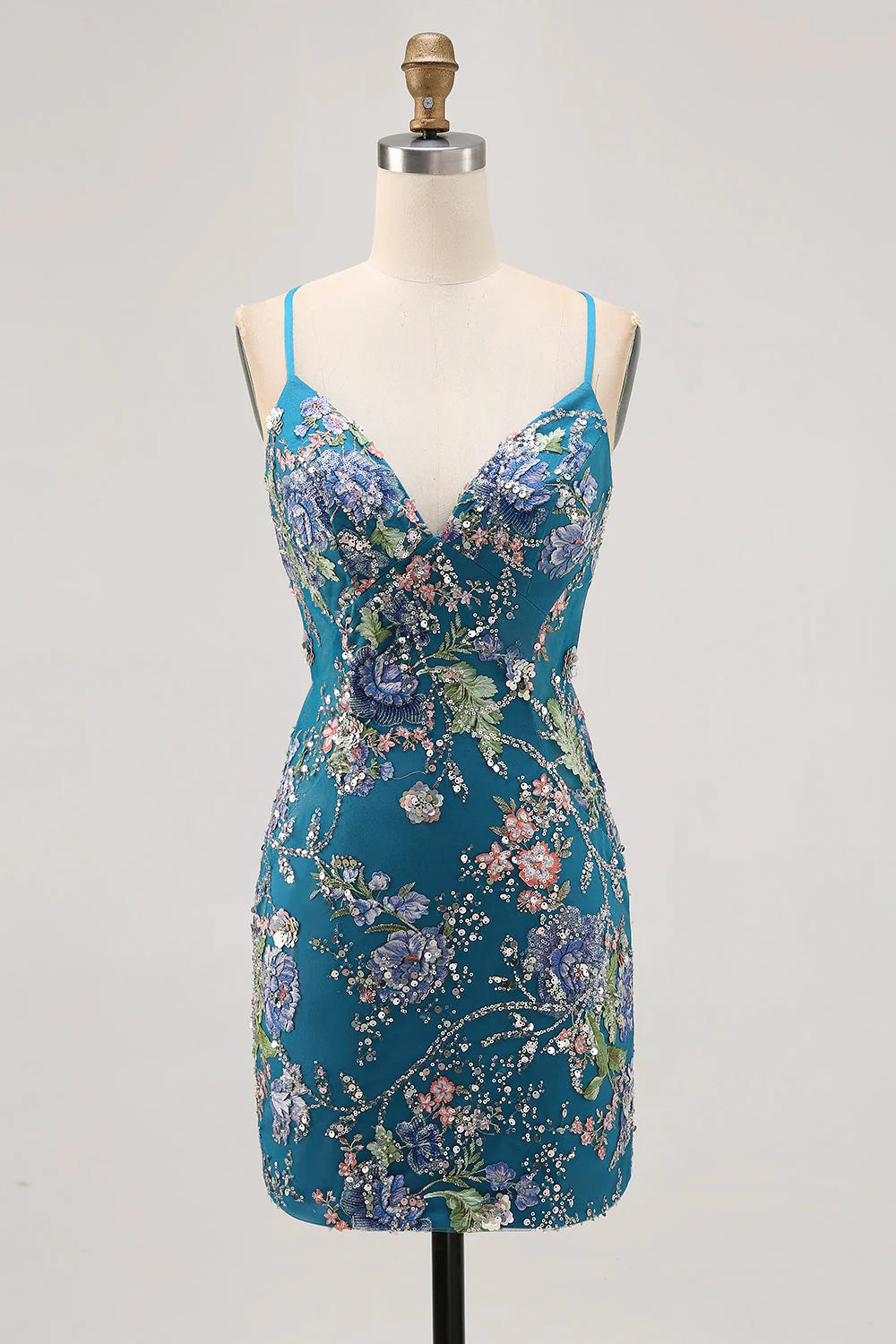 Sparkly Black Bodycon Spaghetti Straps Floral Short Homecoming Dress with Sequins