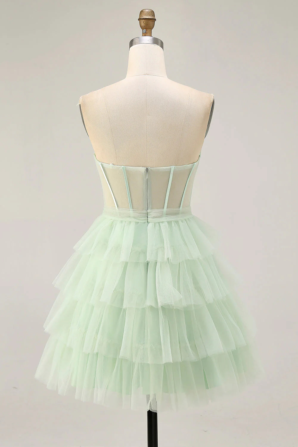 Light Green A Line Strapless Sheer Corset Tiered Short Homecoming Dress