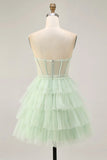 Light Green A Line Strapless Sheer Corset Tiered Short Homecoming Dress