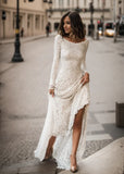 Vintage Floral Boho Lace Wedding Dress with Sleeves Modest Boat Neck Low V Back Princess Bridal Gown