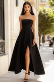 Simple A Line Strapless Long Black Tie Dress With Slit