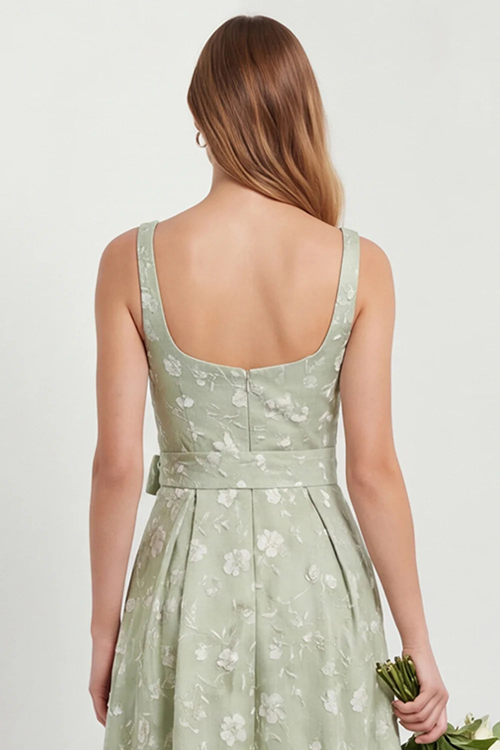 Sage A Line Square Neck Floral Jacquard Bridesmaid Dress with Slit