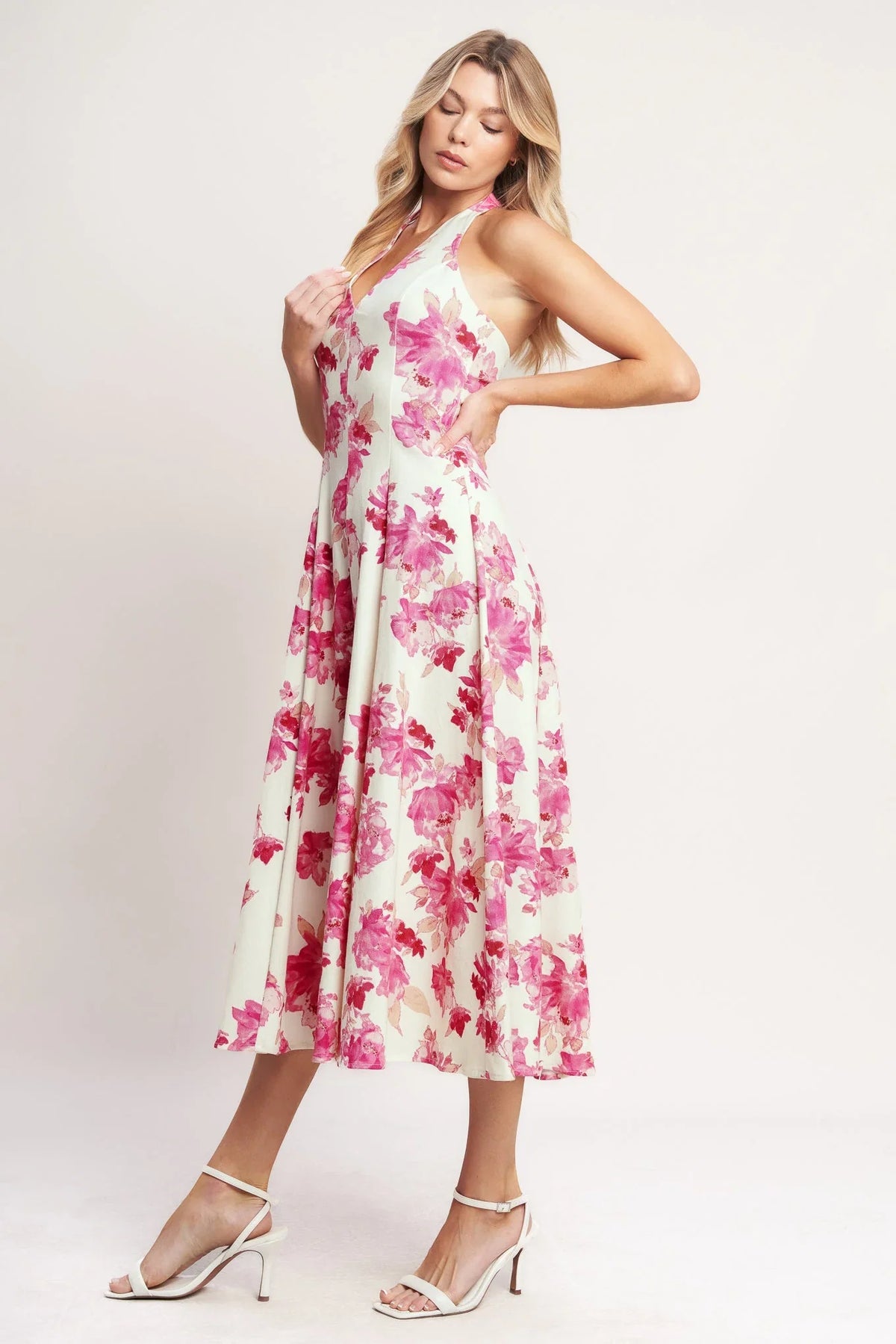 ROSY AFTERNOON PINK FLORAL HALTER MIDI DRESS