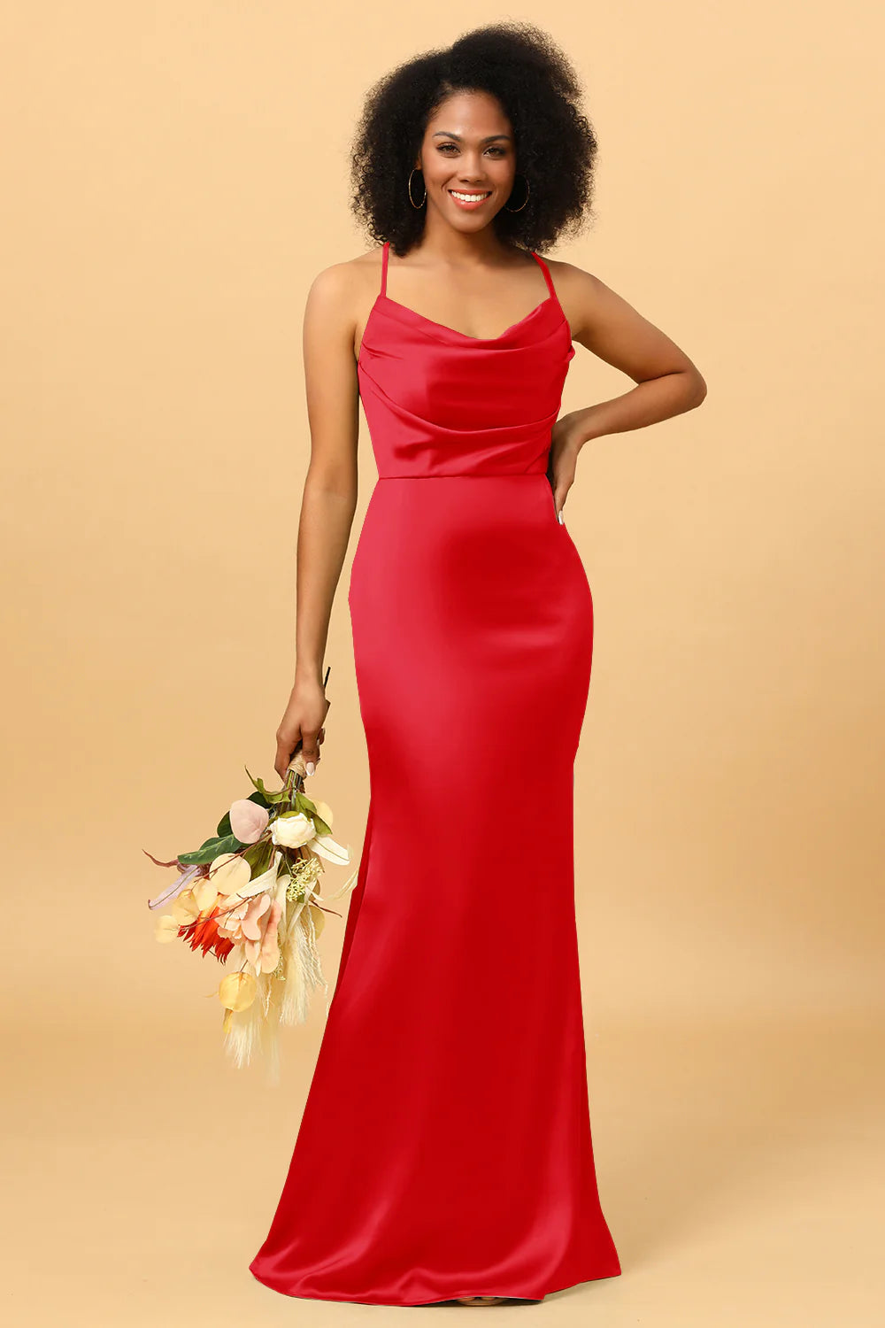 Mermaid Cowl Neckline Spaghetti Straps Long Satin Bridesmaid Dress