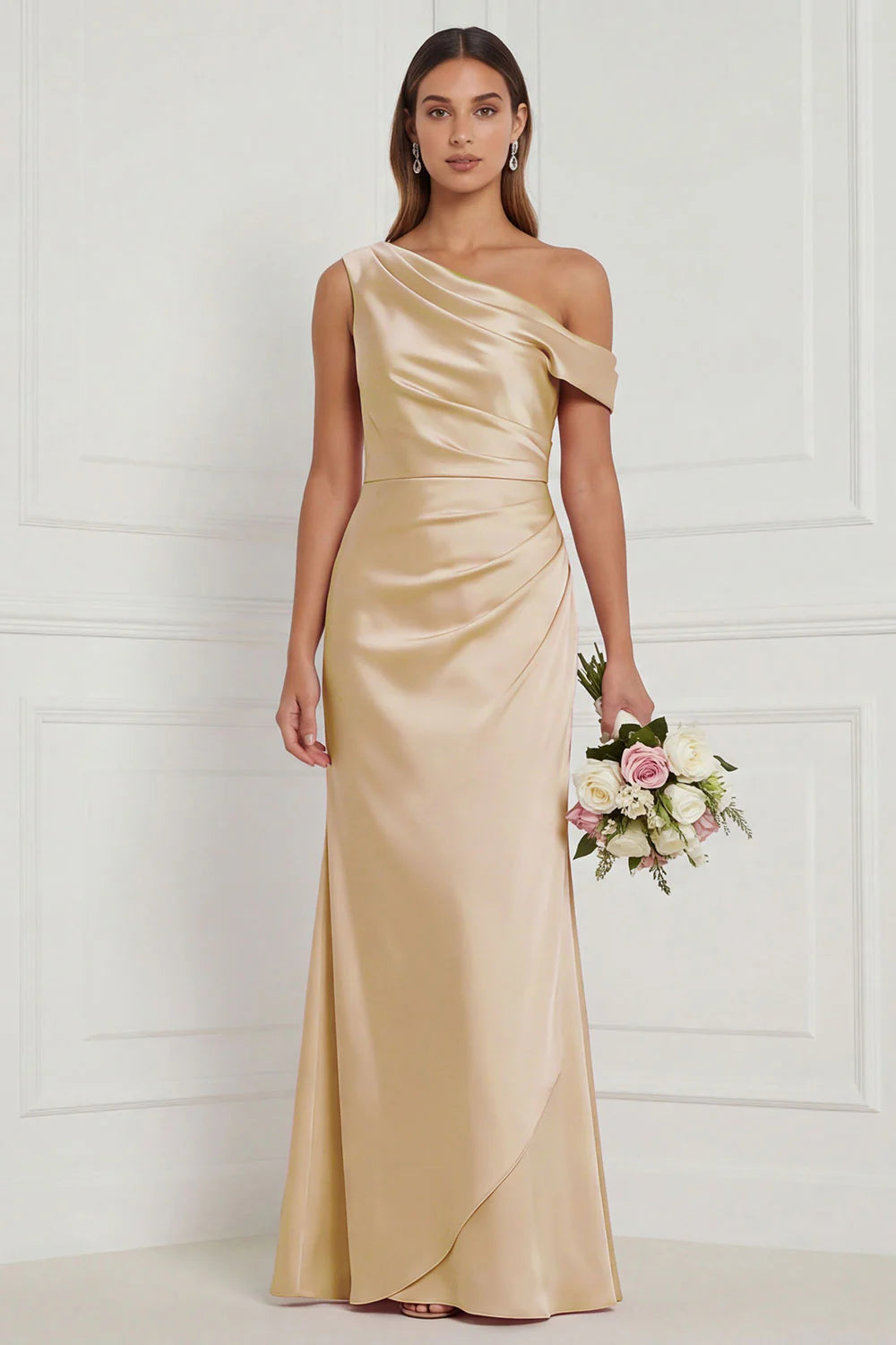 Burnt Orange Asymmetrical Neck Mermaid Ruched Satin Bridesmaid Dress