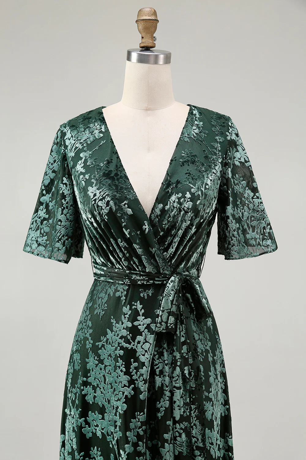 A Line V Neck Dark Green Burnout Velvet Floor Length Dress with Short Sleeves