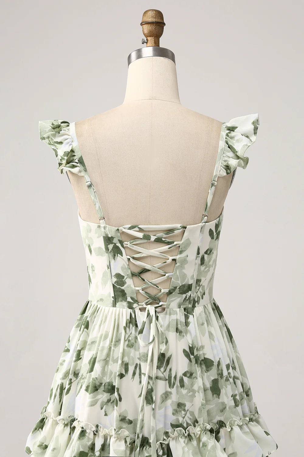 A Line Spaghetti Straps Printed Tiered Long Green Bridesmaid Dress With Slit