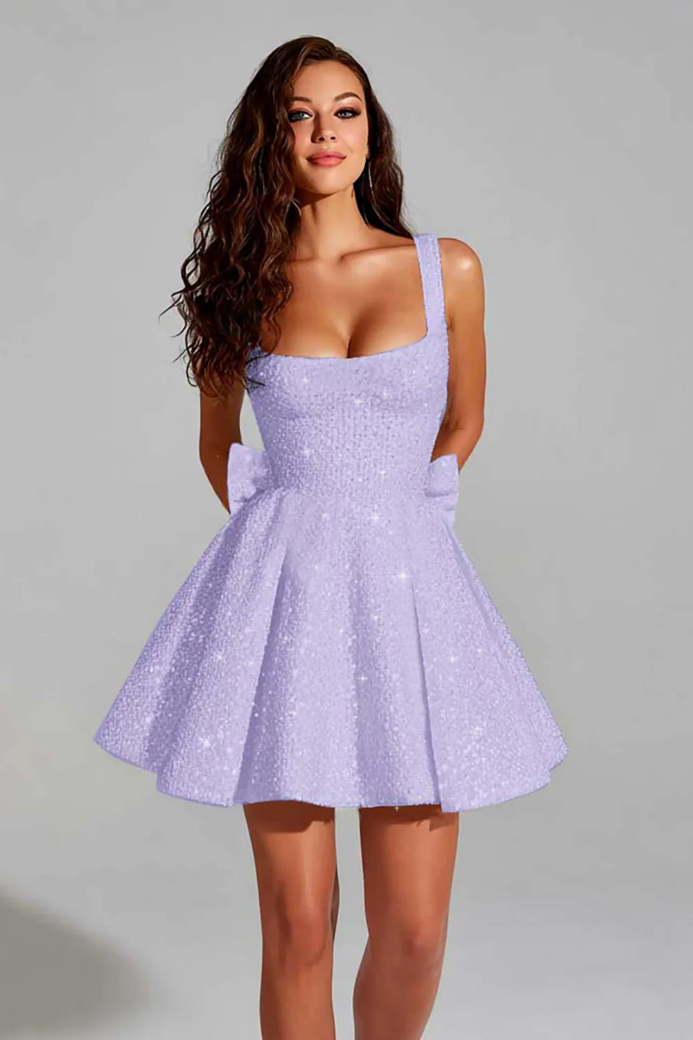 Sparkly Black A Line Square Neck Homecoming Dress with Bow