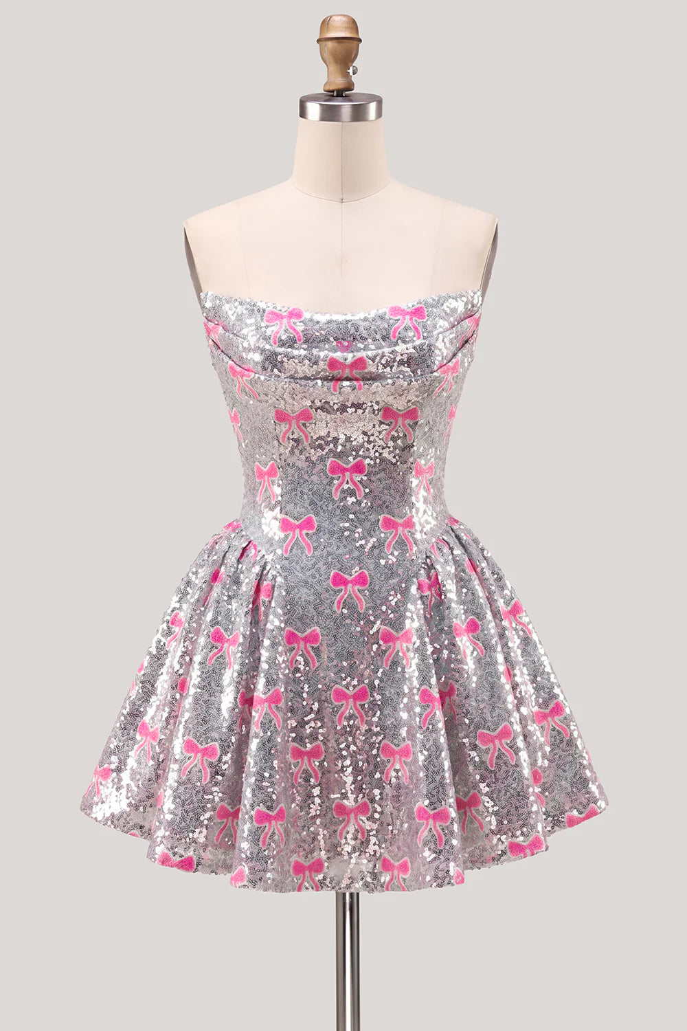 Silver A Line Strapless Short Homecoming Dress with Pink Bows