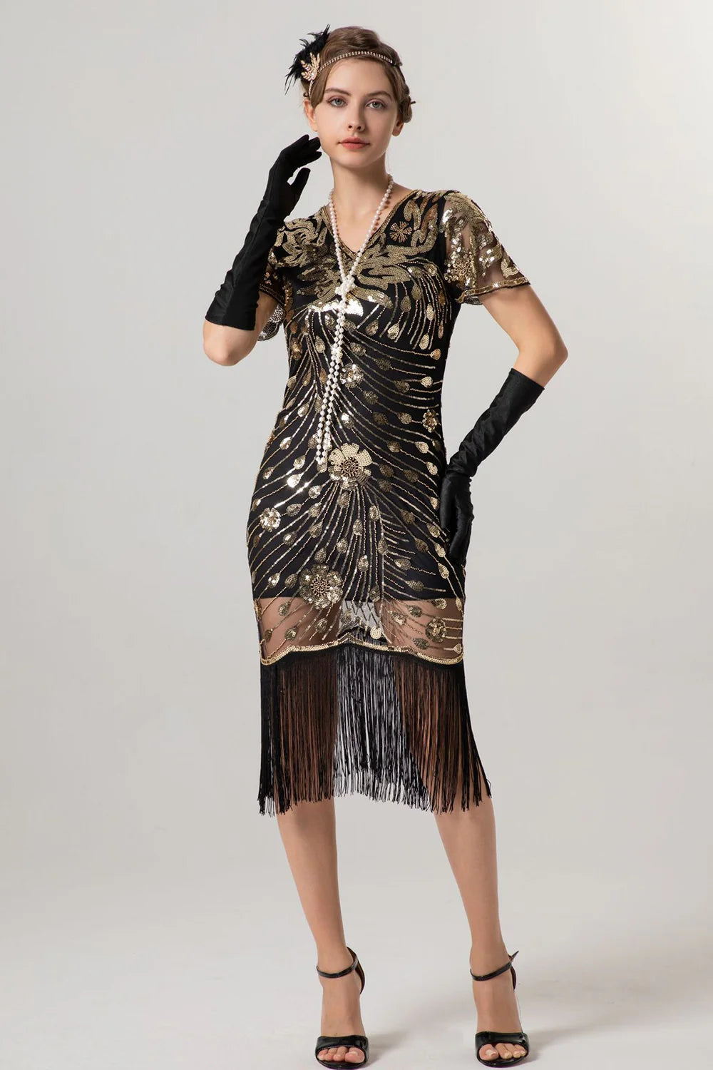 Black Sheath Fringed Midi V Neck 1920s Dress with Sequins