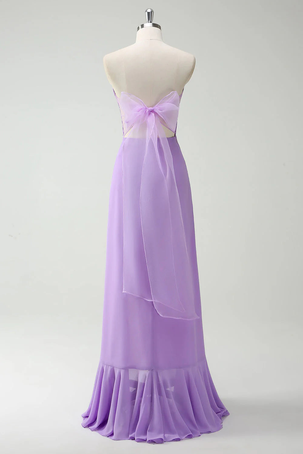 Purple A Line Strapless Lace Up Back Ruffled Long Bridesmaid Dress with Ruffled Slit