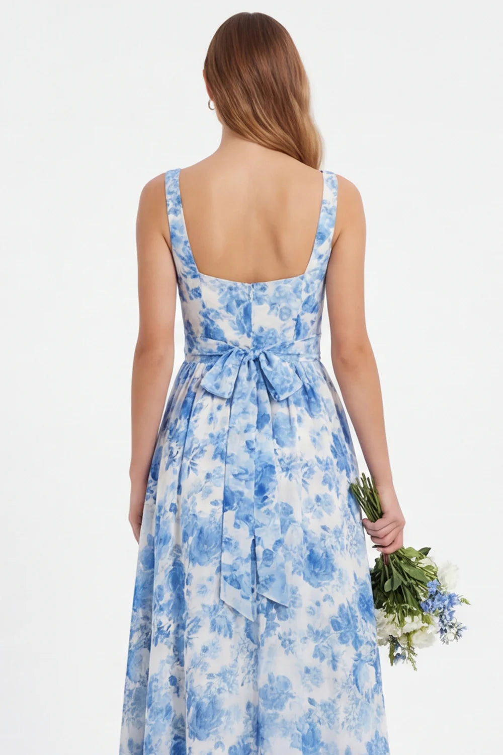 Blue Flower A Line Chiffon Square Neck Long Bridesmaid Dress with Slit