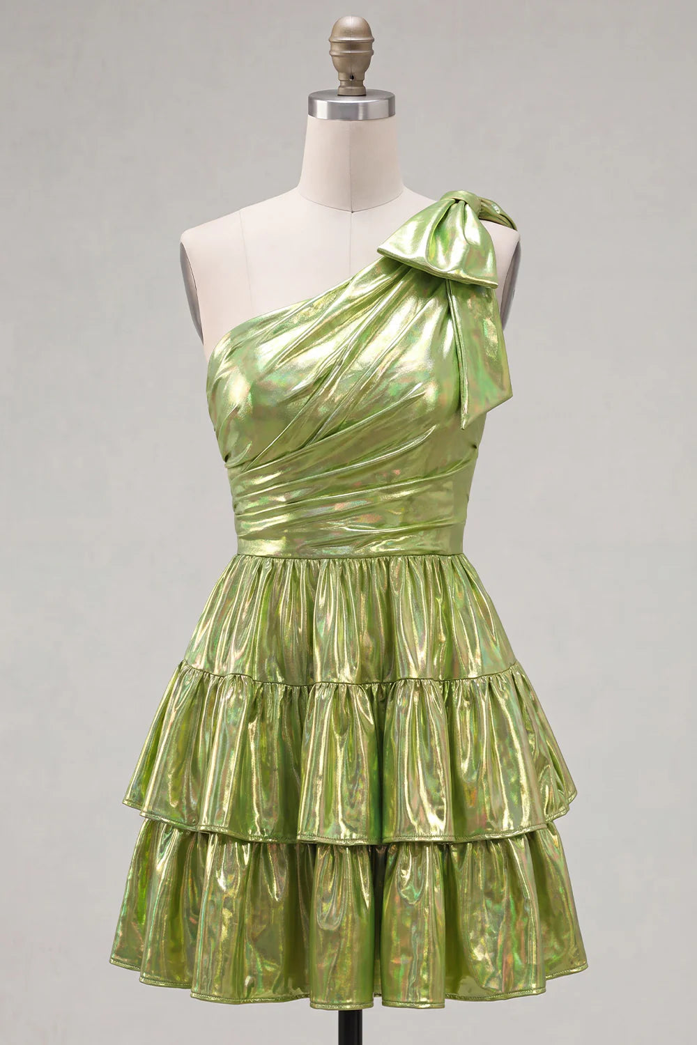 Green One Shoulder Metallic A Line Tiered Short Homecoming Dress