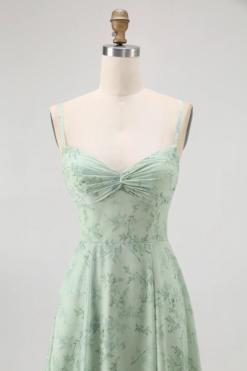 Dusty Sage A Line Spaghetti Straps Backless Print Floral Bridesmaid Dress