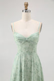 Dusty Sage A Line Spaghetti Straps Backless Print Floral Bridesmaid Dress