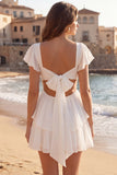 White Tiered V Neck Ruffled A Line Mini Dress