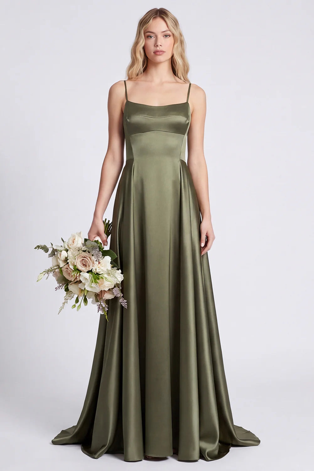 Olive A Line Spaghetti Straps Satin Bridesmaid Dress