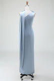 Dusty Blue Sheath One Shoulder Convertible Satin Bridesmaid Dress with Streamer