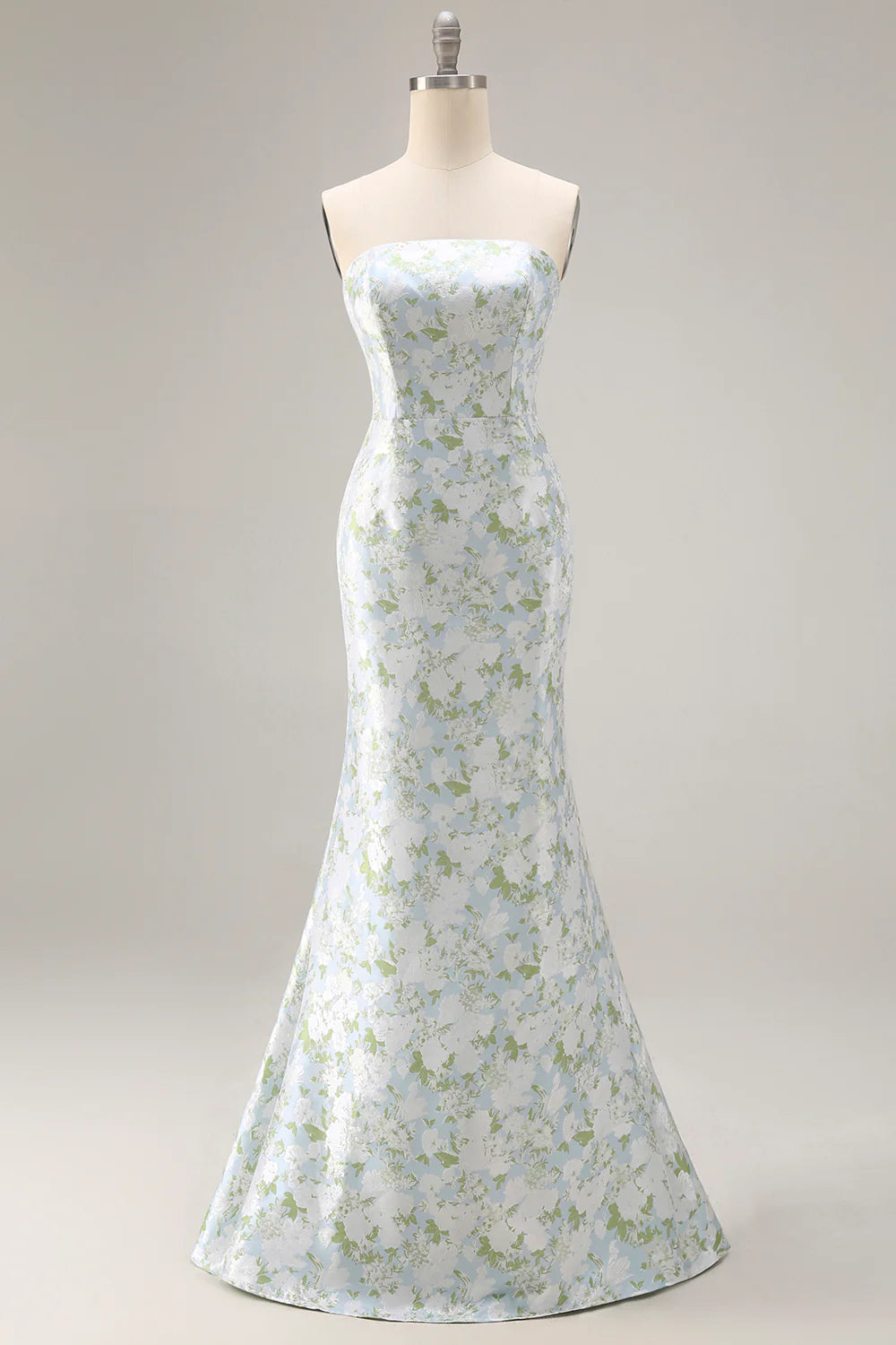 Blue White Flower Mermaid Strapless Satin Convertible Dress with Removable Sleeves