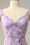 Purple White Flower A Line V Neck Chiffon Bridesmaid Dress