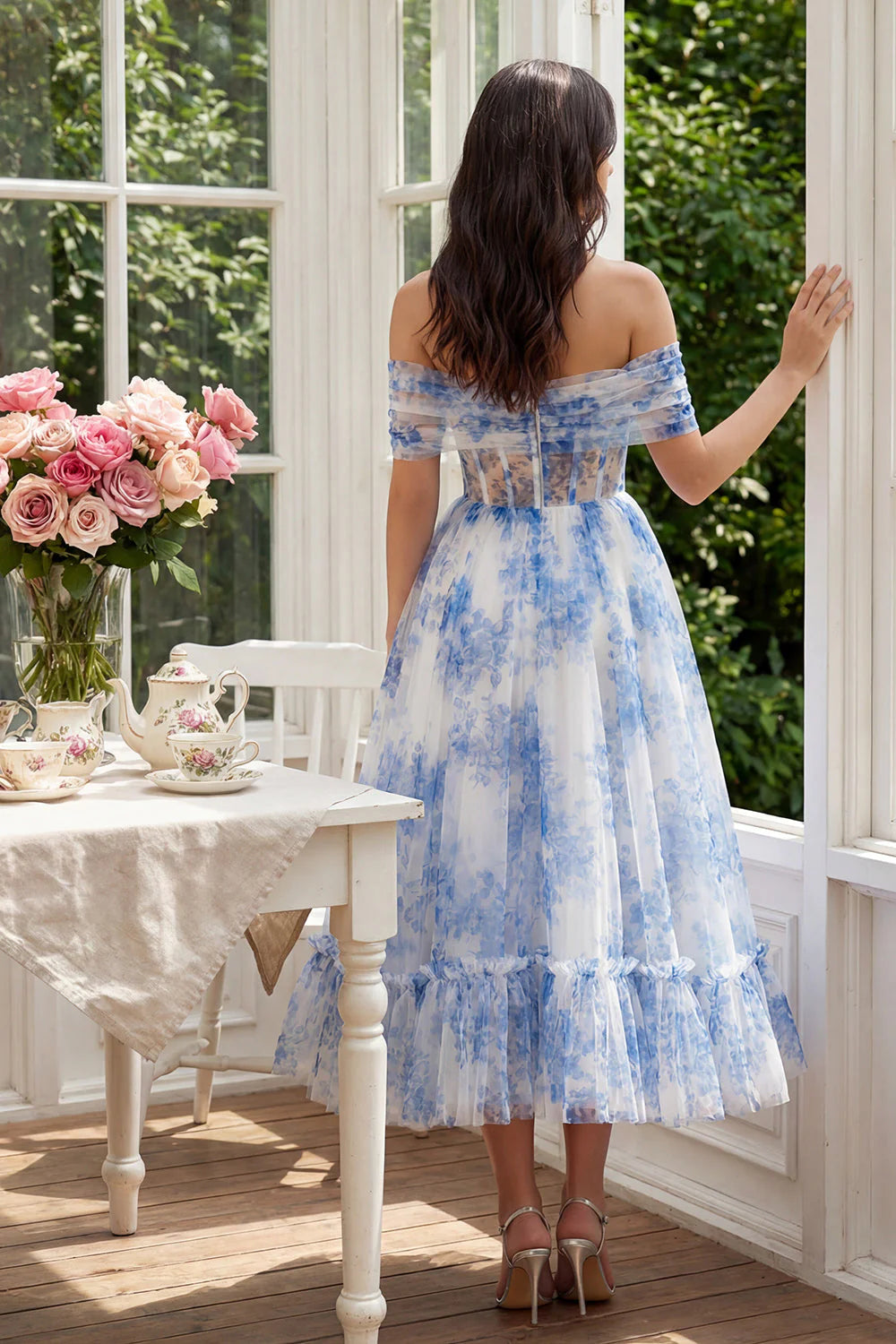 Blue Floral Off the Shoulder Corset A Line Midi Wedding Guest Dress