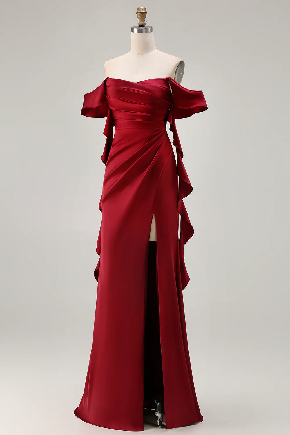 Burgundy Off The Shoulder Mermaid Ruffled Lace Up Back Long Bridesmaid Dress with Slit