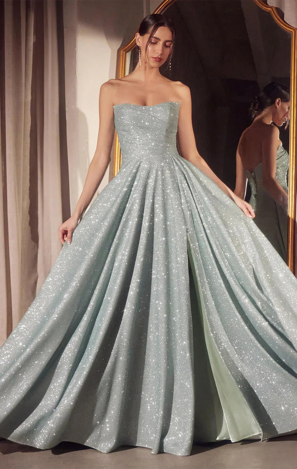 Quinn Gown Long Strapless Glitter A line Dress