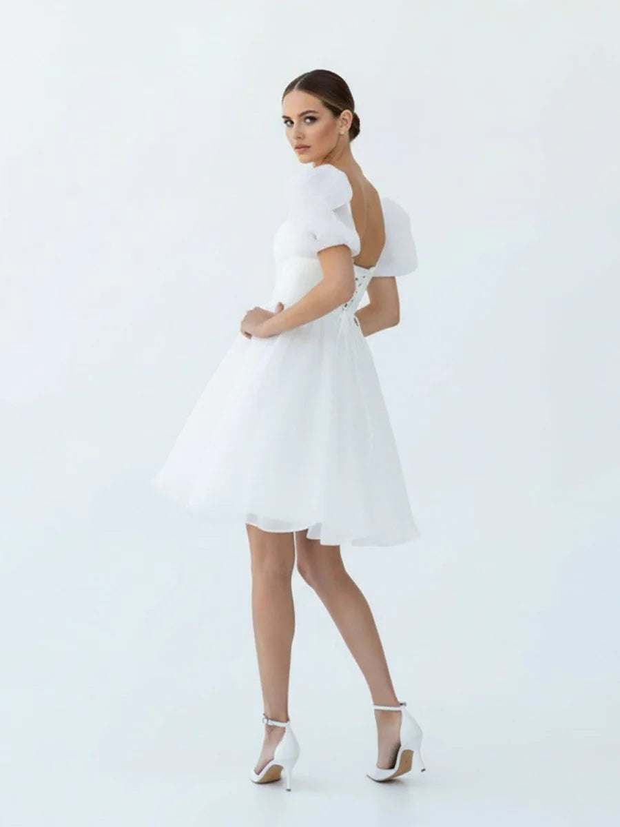 A Line Square Neck Short Wedding Dress With Puffy Pearls Sleeves