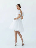 A Line Square Neck Short Wedding Dress With Puffy Pearls Sleeves