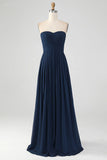 Navy A Line Sweetheart Pleated Floor Length Bridesmaid Dress