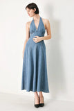 BLUE HALTER DENIM MIDI DRESS