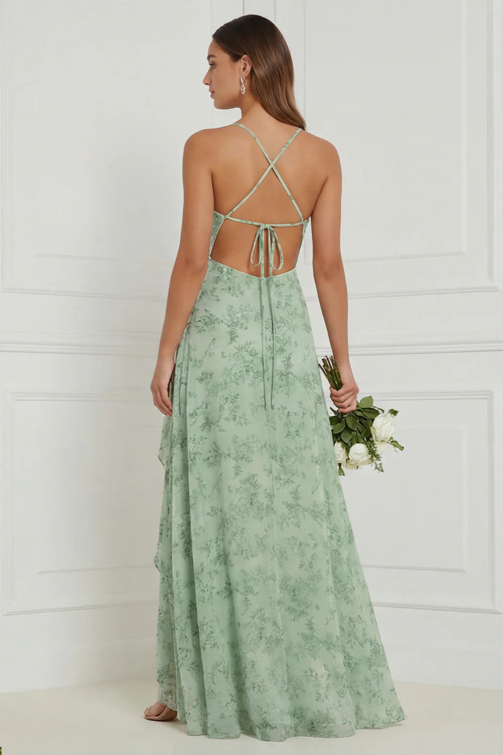 Floral A Line Dusty Sage Bridesmaid Dress with Slit