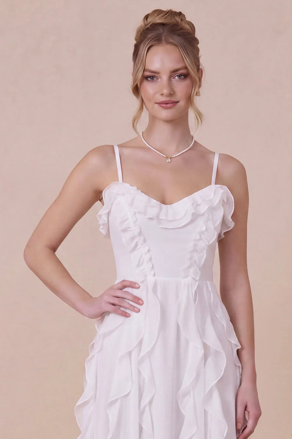 White Ruffled Spaghetti Straps A Line Midi Dress with Lace up Back