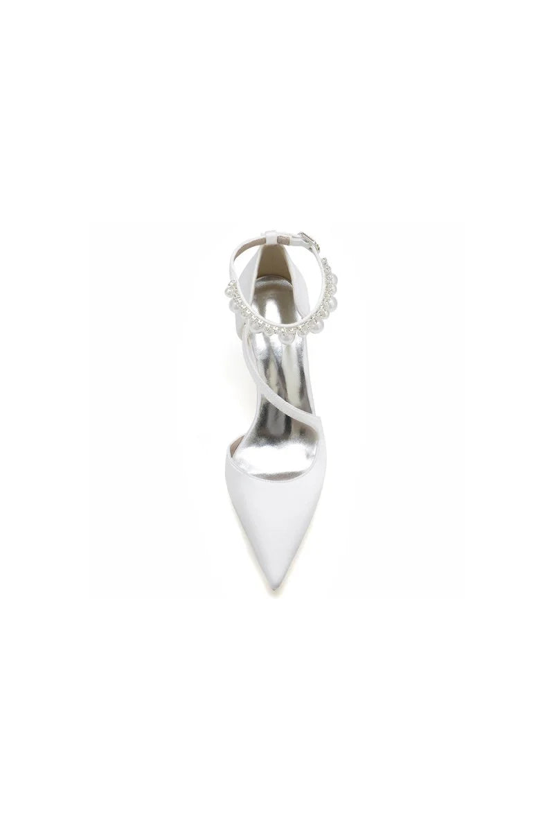 White Satin Heels with Cross Strap Design and Pearl Accented Buckle