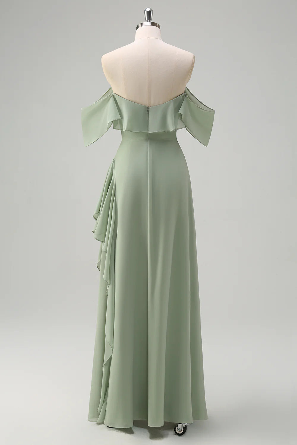 Light Green Sheath Off The Shoulder Chiffon Long Bridesmaid Dress with Ruffle Slit