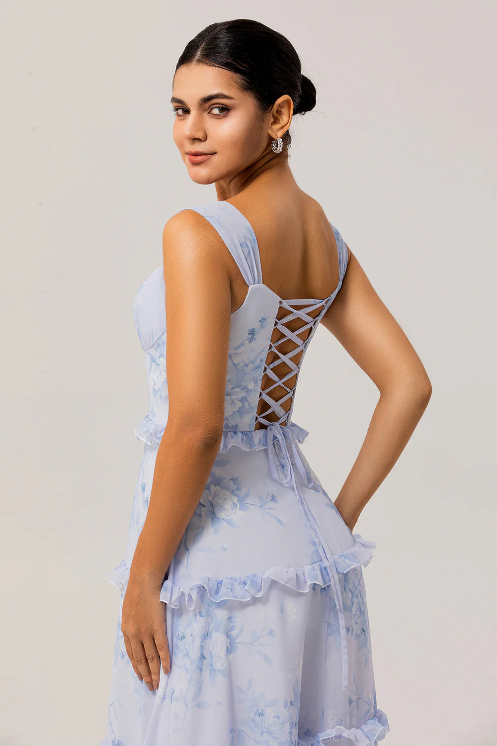 Blue A Line Chiffon Ruffle Print Floral Long Bridesmaid Dress with Lace Up Back