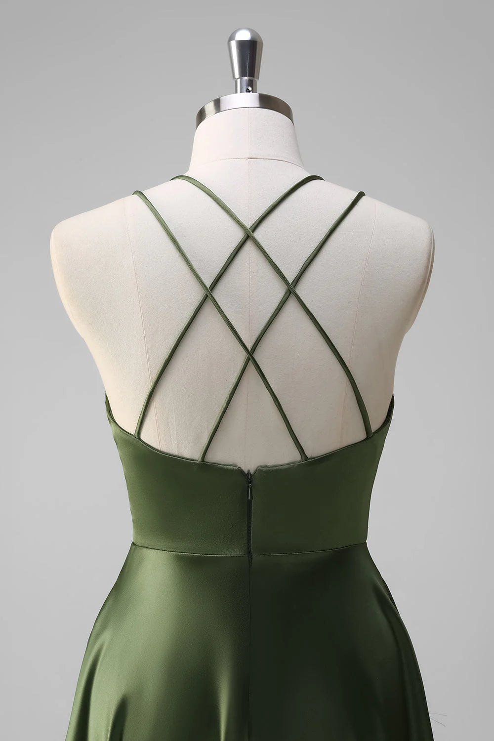 Olive A Line Spaghetti Straps Ruched Satin Long Bridesmaid Dress