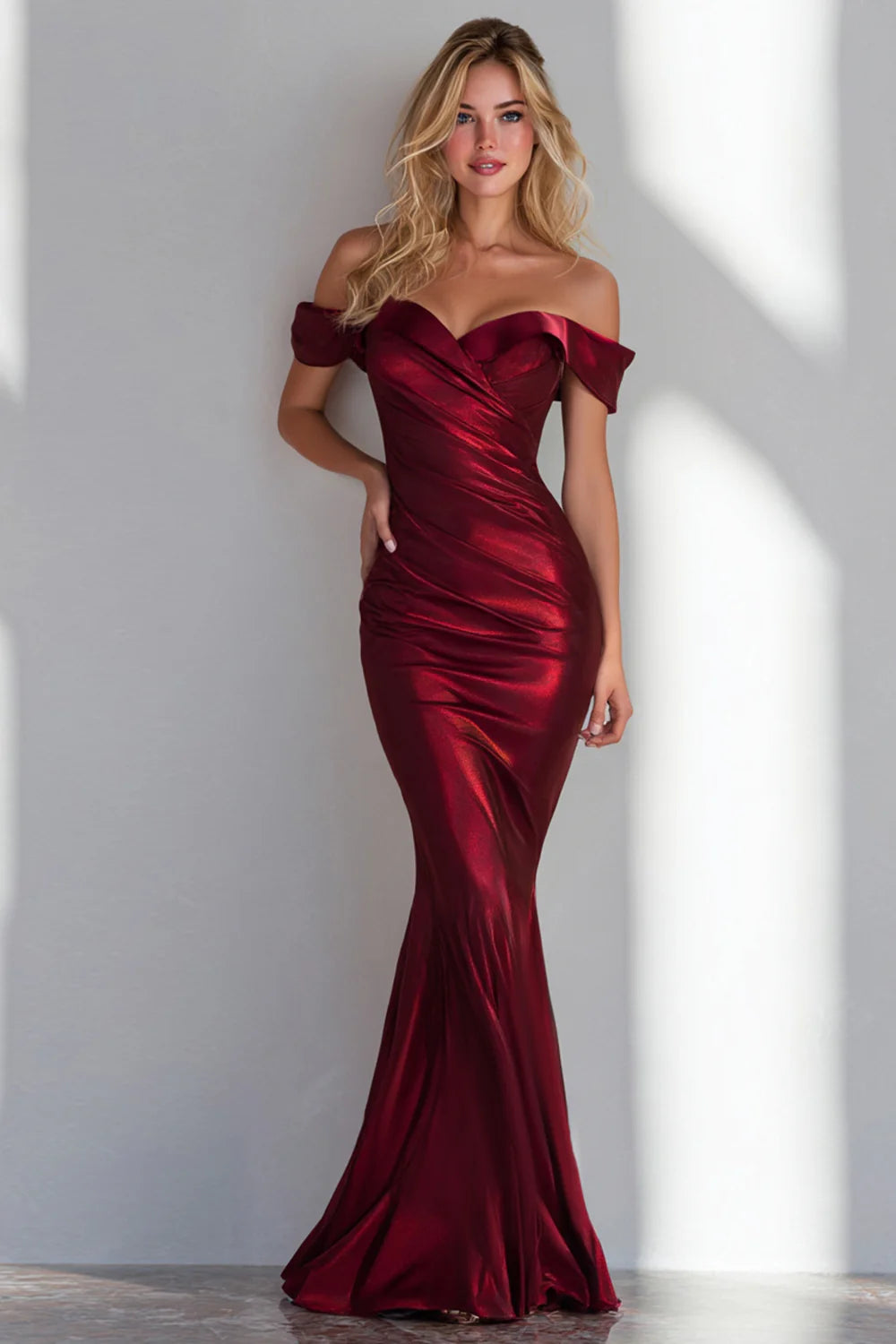 Burgundy Off the Shoulder Mermaid Ruched Long Formal Dress