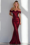 Burgundy Off the Shoulder Mermaid Ruched Long Formal Dress