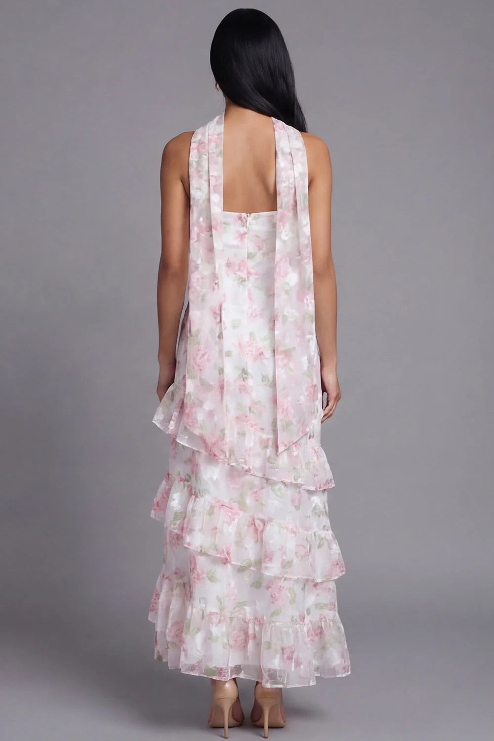 Pink Floral Ruffle Strapless Wedding Guest Dress with Sash