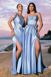 Sky Blue A Line Spaghetti Straps Ruched Floor Length Bridesmaid Dress with Slit