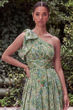 One Shoulder Sage Flower A Line Wedding Guest Dress with Bow