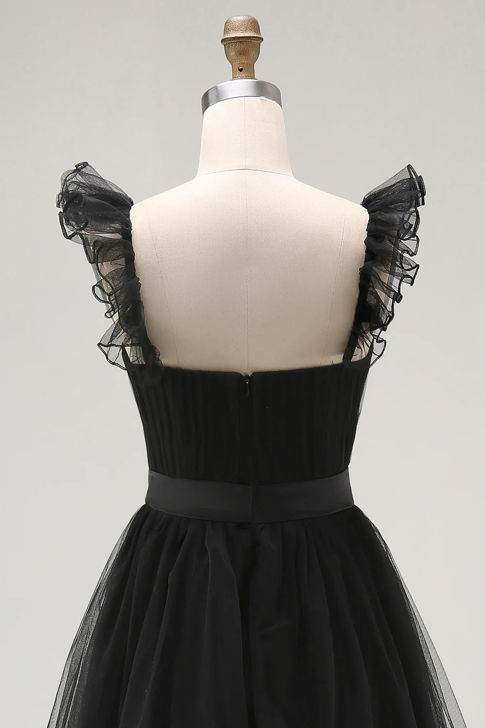 Black A Line Tulle Spaghetti Straps Ruffled Prom Dress