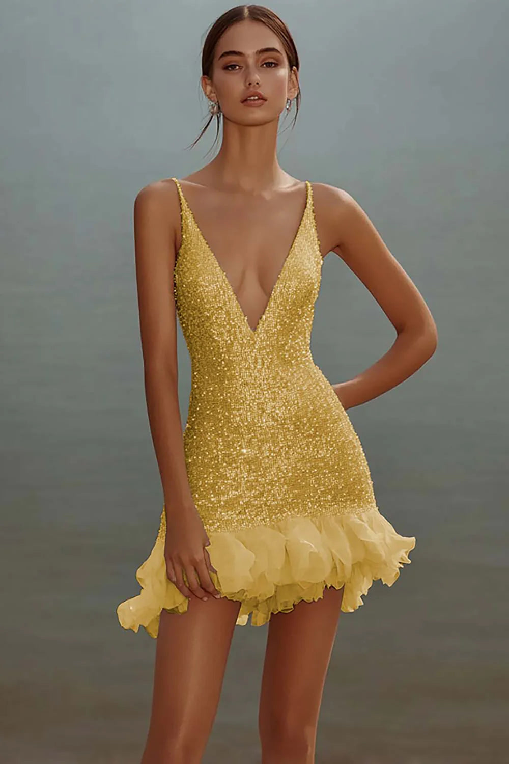 Sparkly White V Neck Sequins Mini Graduation Dress With Ruffles