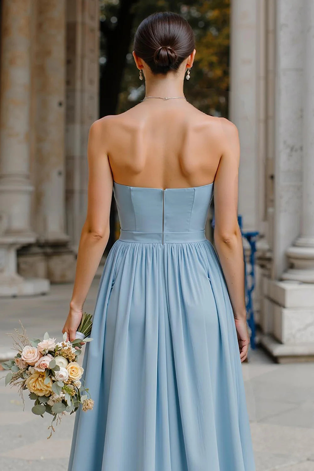 Dusty Blue Strapless Chiffon A Line Long Bridesmaid Dress
