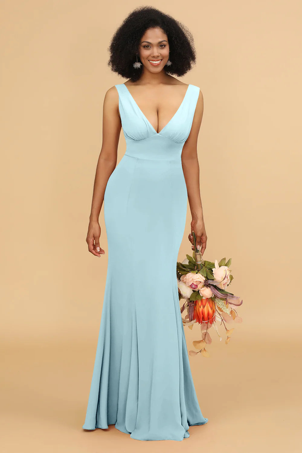 Mermaid V neck Open Back Long Chiffon Bridesmaid Dress With Ruffles