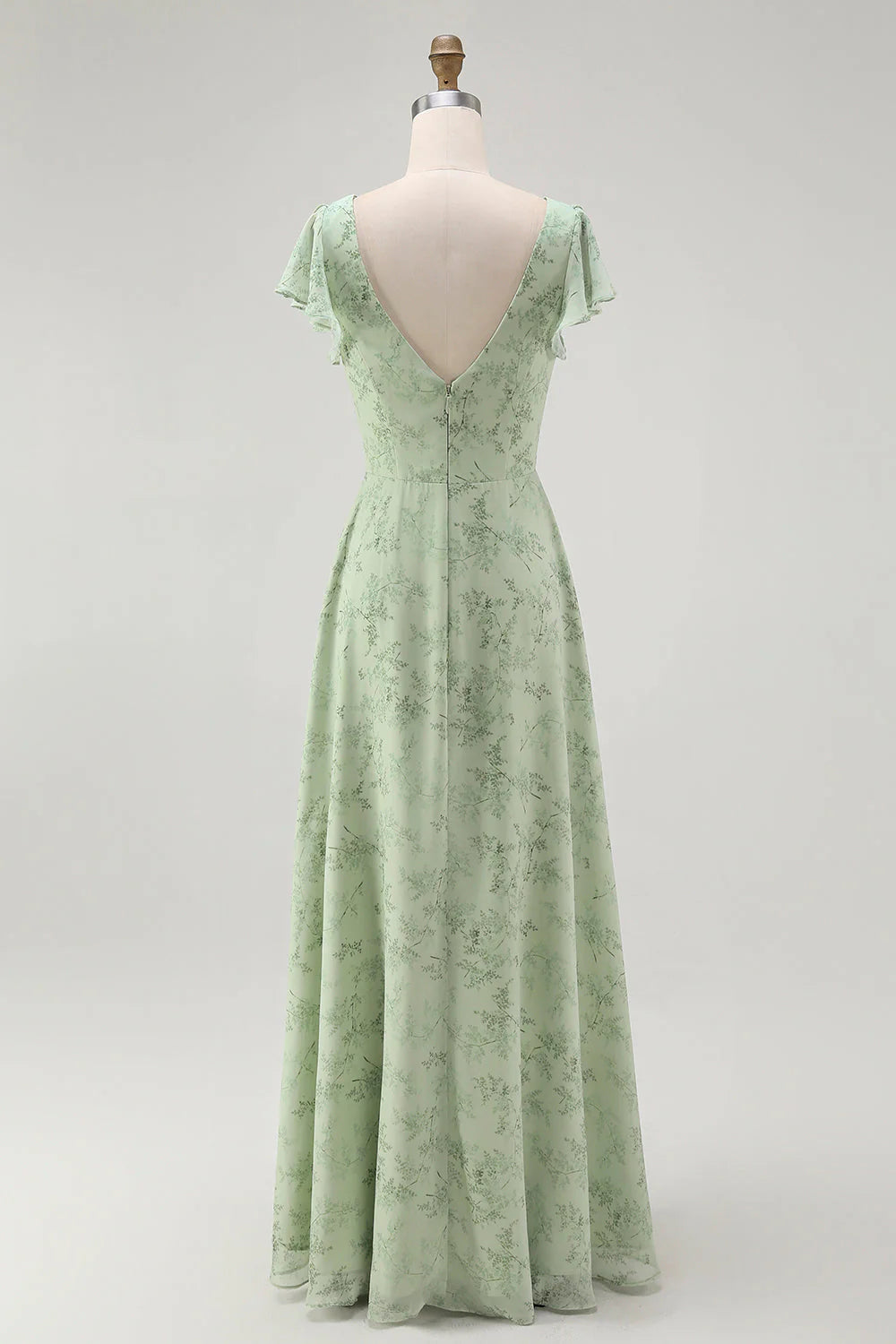 Dusty Sage A Line Chiffon Flutter Sleeves Print Floral Bridesmaid Dress with Slit