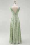 Dusty Sage A Line Chiffon Flutter Sleeves Print Floral Bridesmaid Dress with Slit